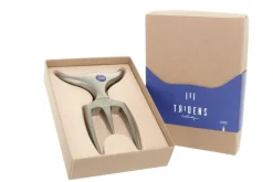 Fourchette à viande Tridens en acier inox brut avec socle en hêtre à empreinte