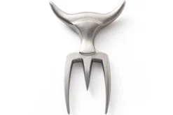 Fourchette à viande Tridens en acier inox brut avec socle en hêtre à empreinte