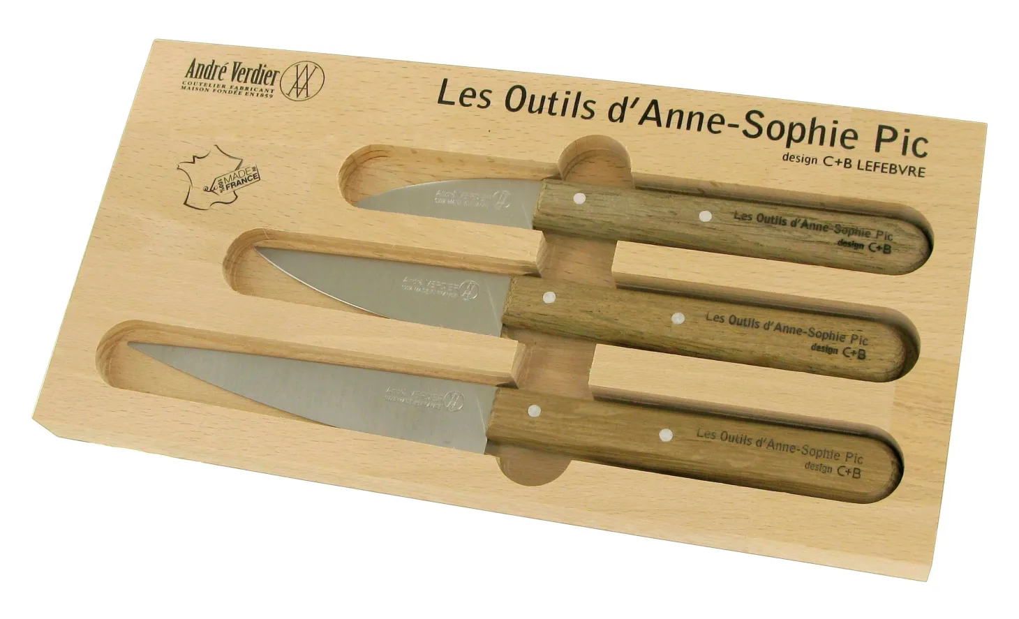 Le coffret 3 couteaux manche chêne d'Anne Sophie Pic selon André Verdier