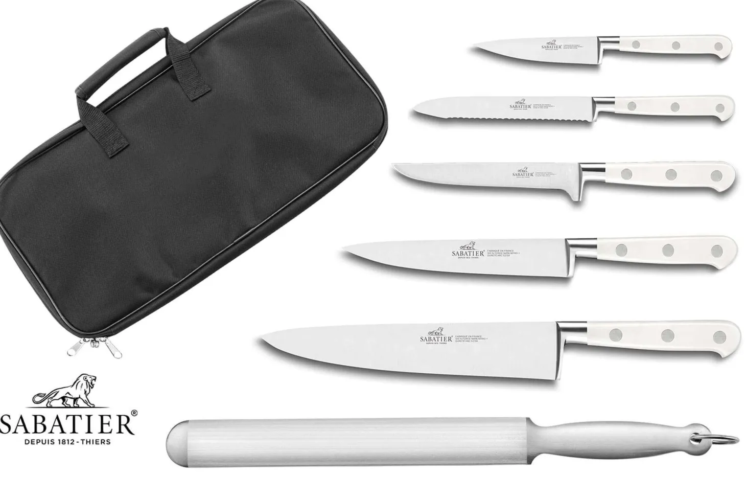 Mallette cuisine Sabatier Toque Blanche 5 couteaux fabrication française + 1 fusil