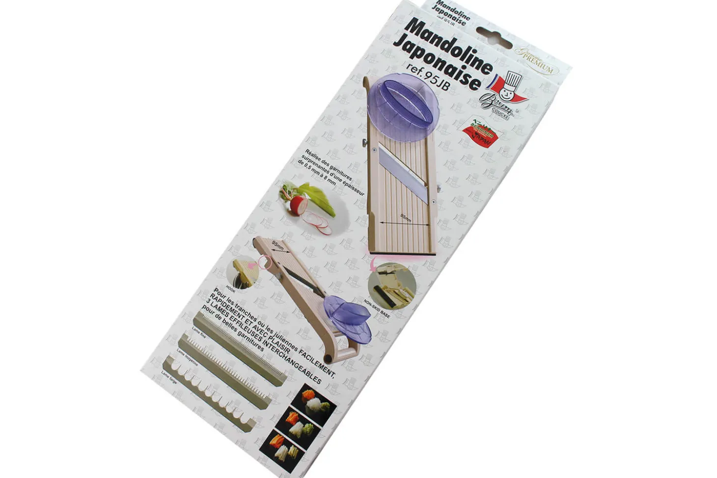 Mandoline japonaise professionnelle Benriner 3 lames + poussoir extra large