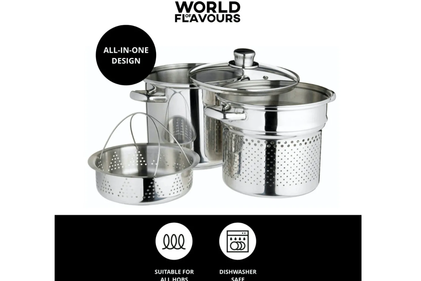 Marmite à pâtes italiennes KitchenCraft World of Flavours en acier inox 4L 4 pièces