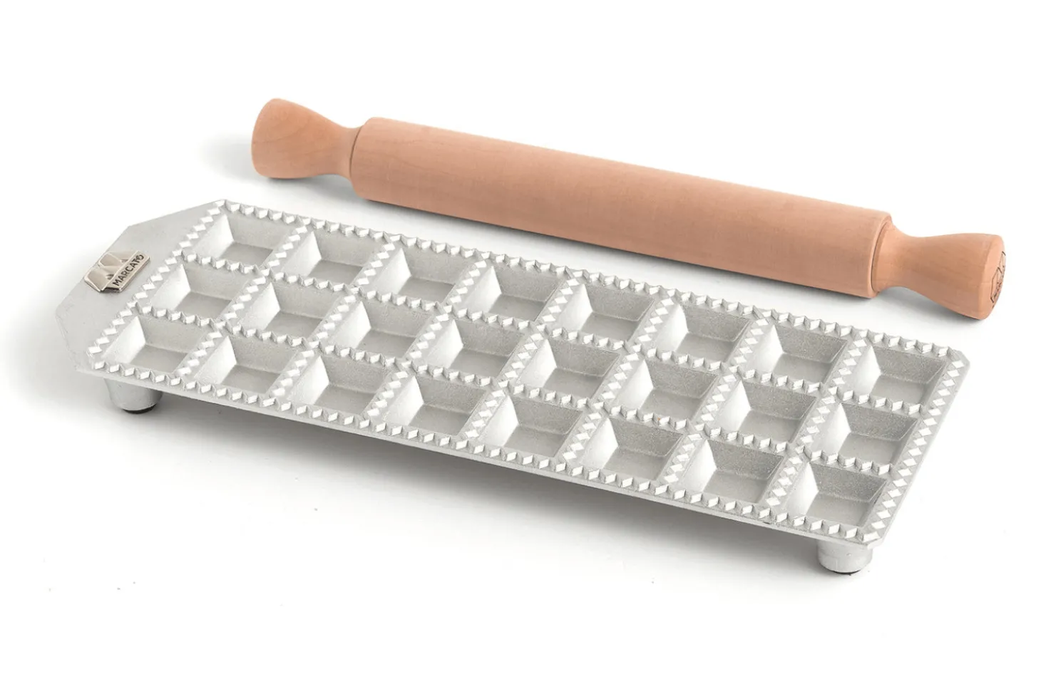 Moule à raviolis Marcato Classic 24 empreintes carrées + mini rouleau en bois