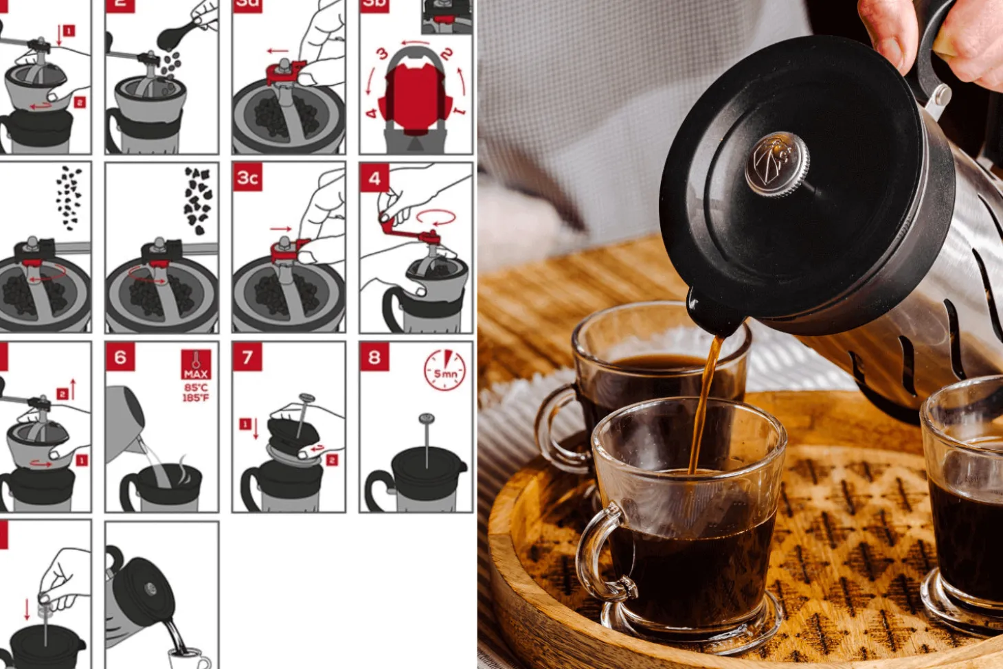 Moulin à café et cafetière à piston 2 en 1 Peugeot Paris Press en inox / ABS 15cm