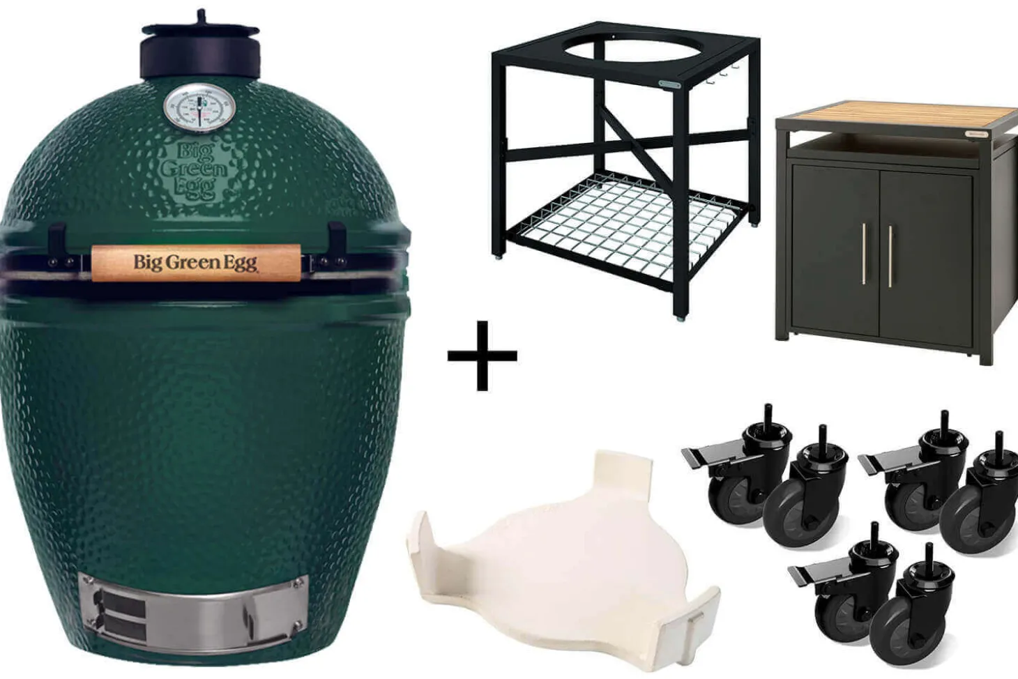 Pack Big Green Egg Large barbecue + convEGGtor + table modulaire + meuble placard + 6 roulettes