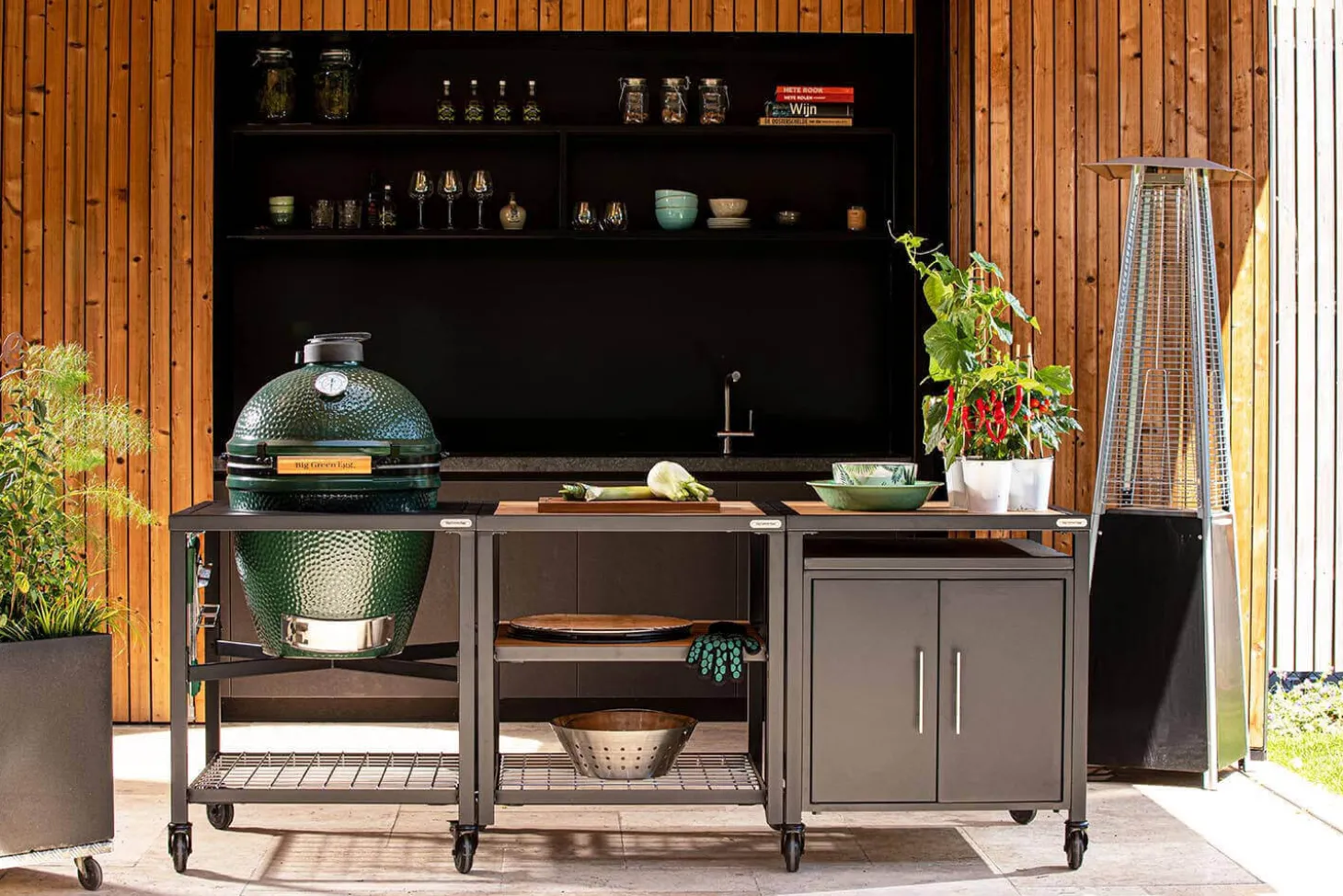 Pack Big Green Egg Large barbecue + convEGGtor + table modulaire + meuble placard + 6 roulettes