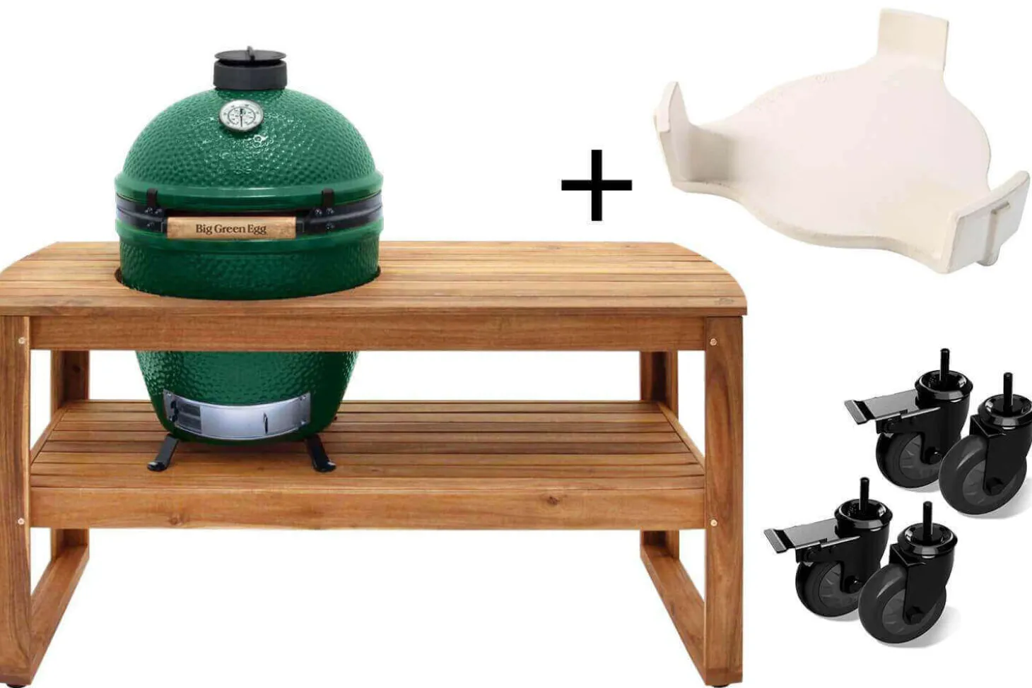 Pack Big Green Egg Large barbecue + table eucalyptus + convEGGtor + berceau de table + 4 roulettes