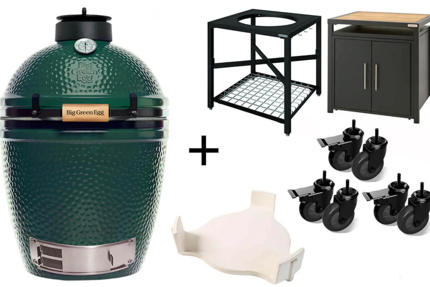 Pack Big Green Egg Medium barbecue + convEGGtor + table modulaire + meuble placard + 6 roulettes