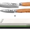 Pack Wusaki 2 couteaux Damas 10Cr Chef + Office + Pierre à aiguiser 3000/8000