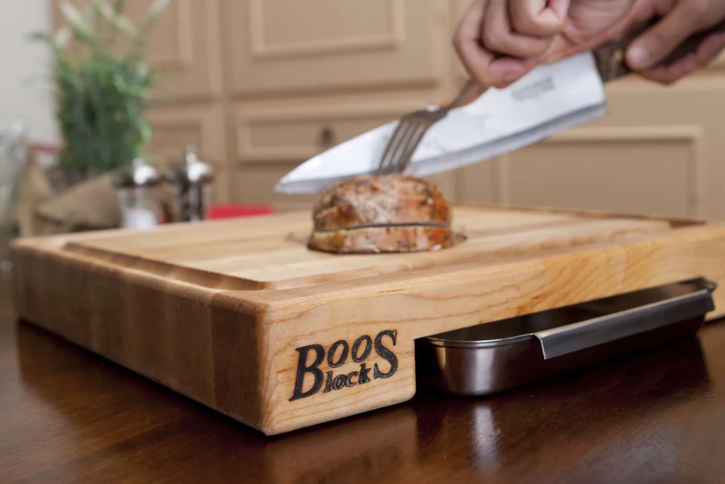 Planche Boos Blocks Prep Masters bois d'érable + plateau acier 38 x 36 x 6cm