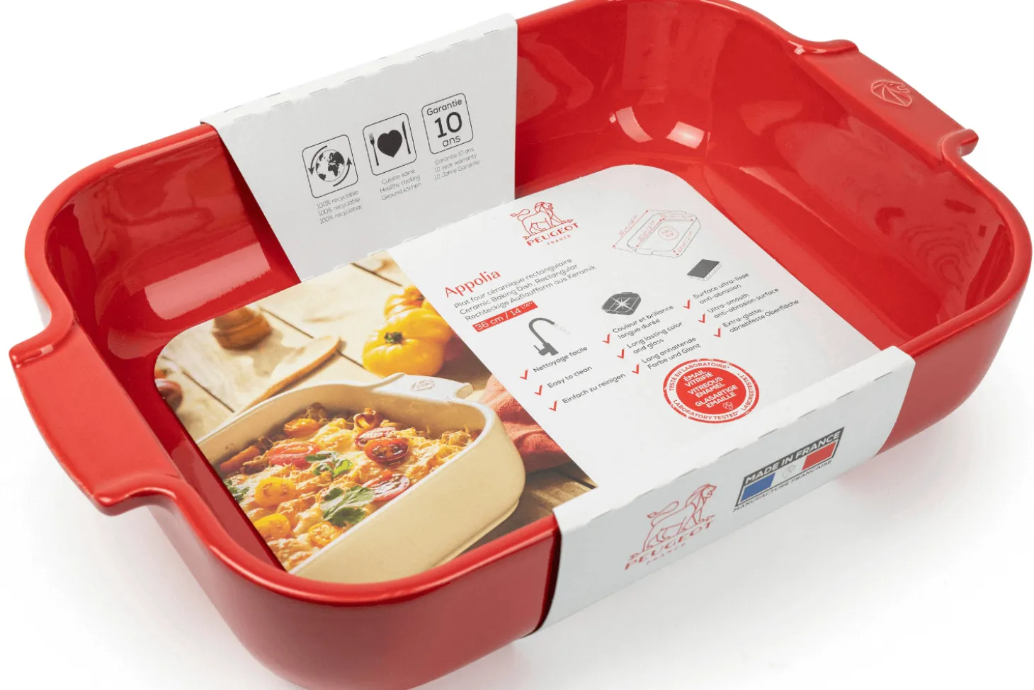 Plat four rectangle Peugeot Appolia en céramique rouge 30x22x6,8cm