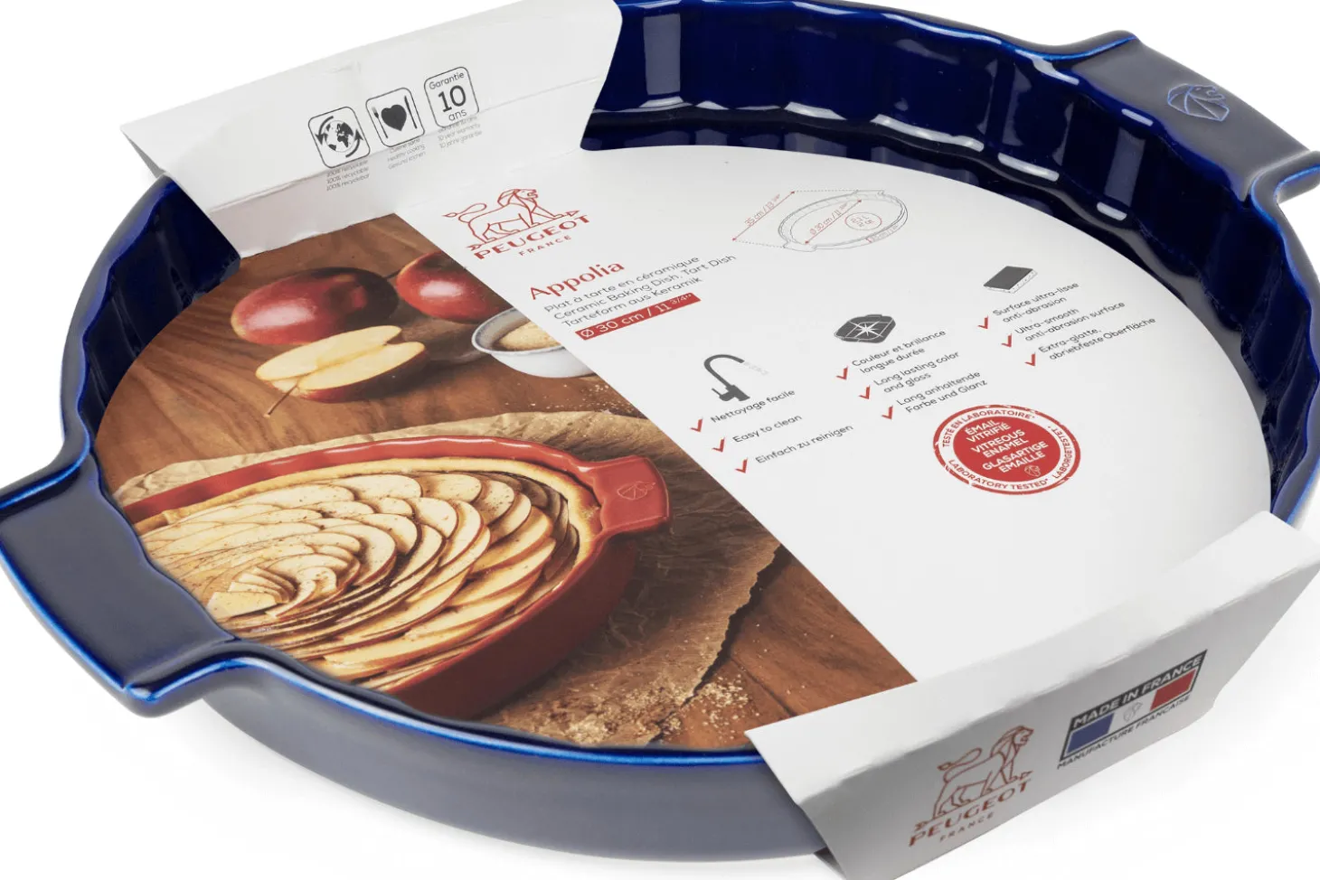 Plat à tarte Peugeot Appolia en céramique bleu diamètre 30cm