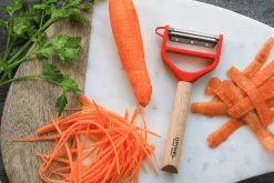 Éplucheur Opinel T-Duo rouge double lames microdentée et julienne manche en hêtre
