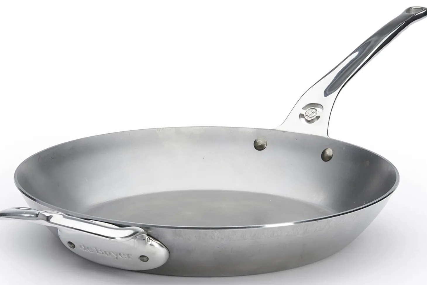 Poêle ronde De Buyer Mineral B Pro 32cm en acier, poignée et contre-poignée en fonte d'inox