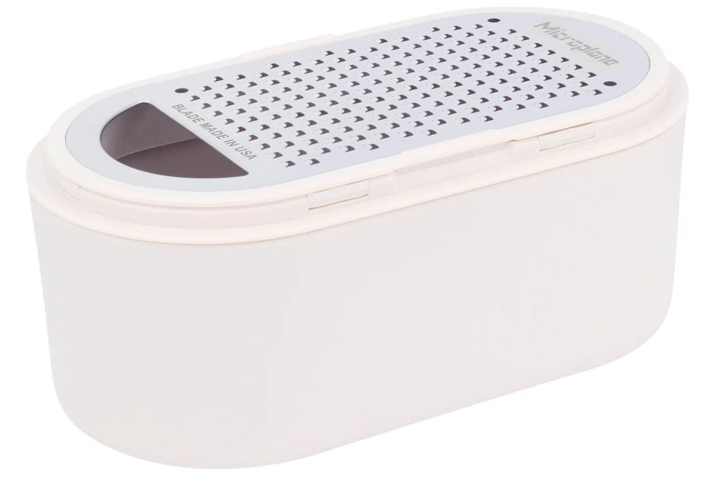 Râpe Microplane 3-en-1 blanche avec boîte de conservation et double couvercle