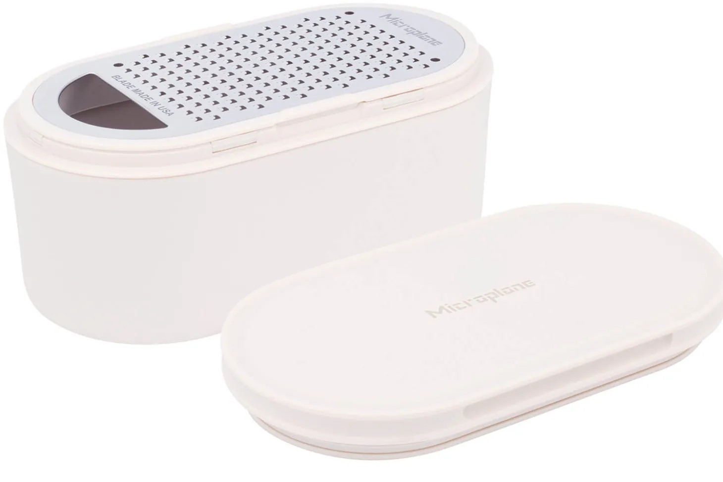 Râpe Microplane 3-en-1 blanche avec boîte de conservation et double couvercle