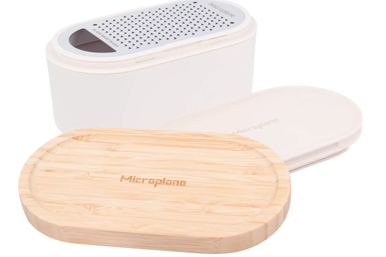 Râpe Microplane 3-en-1 blanche avec boîte de conservation et double couvercle
