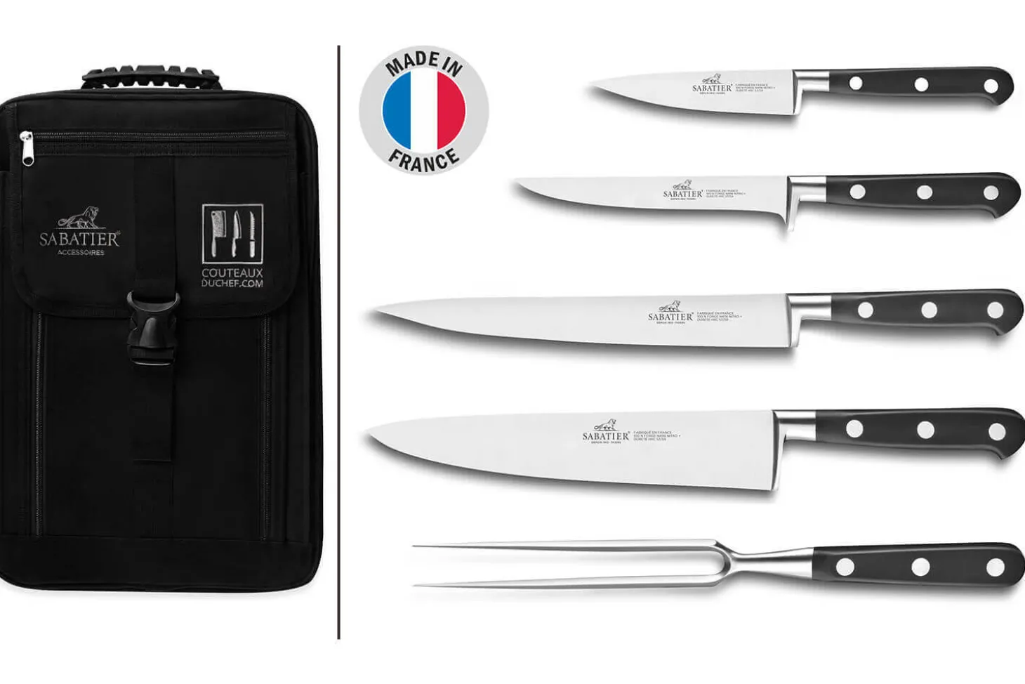 Sac spécial chef Sabatier Idéal Inox 4 couteaux de cuisine français + 1 fourchette - Exclusivité
