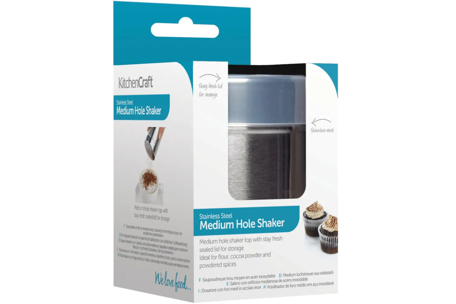 Saupoudreuse KitchenCraft à trous moyens en acier inox + couvercle polymère