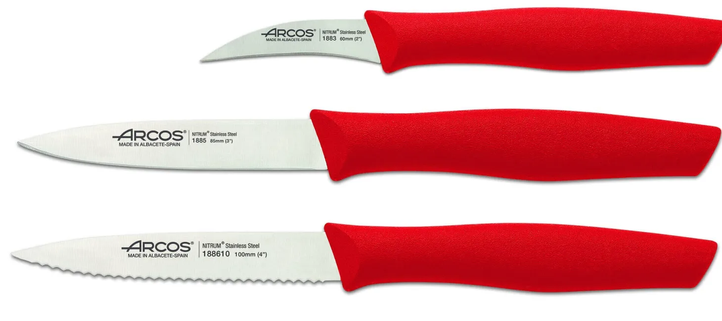 Set 3 couteaux à légumes Arcos Nova lames acier NITRUM manche rouge