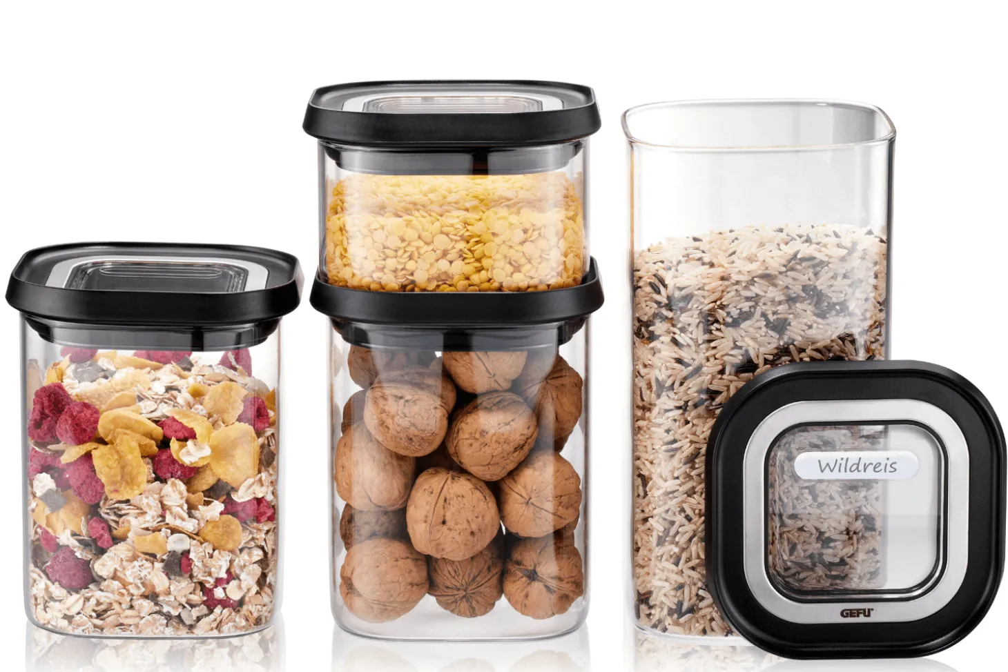 Set de 4 boîtes de conservation Gefu Pantry en verre borosilicate + 12 étiquettes autocollantes
