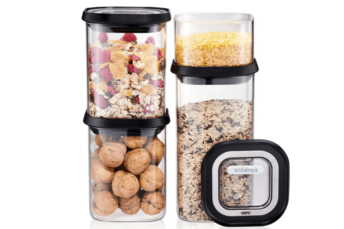Set de 4 boîtes de conservation Gefu Pantry en verre borosilicate + 12 étiquettes autocollantes