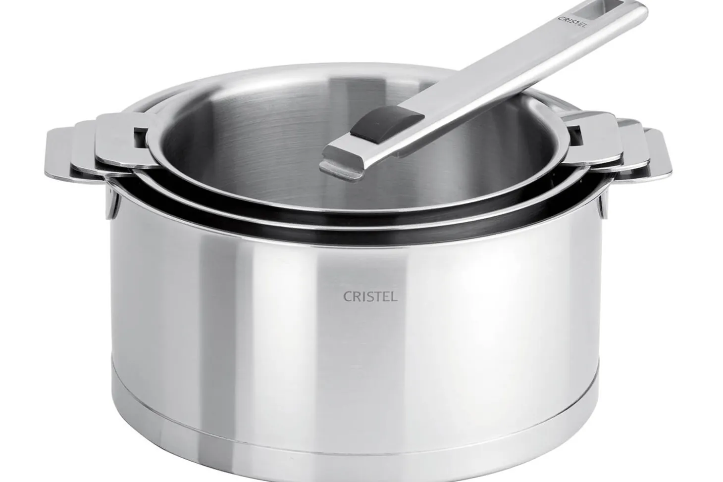 Set de 3 casseroles Cristel Strate Amovible en acier inox 18/10 + 1 poignée Strate inox