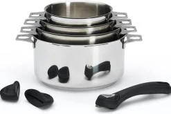 Set de 4 casseroles De Buyer Milady Twisty en acier inoxydable + 1 poignée + 2 anses