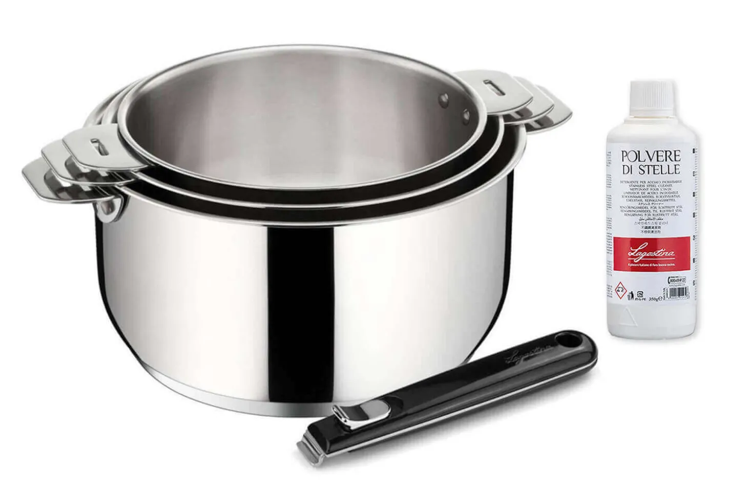 Set de 3 casseroles Lagostina Salvaspazio en inox 16, 18 et 20cm + poignée amovible + détergent
