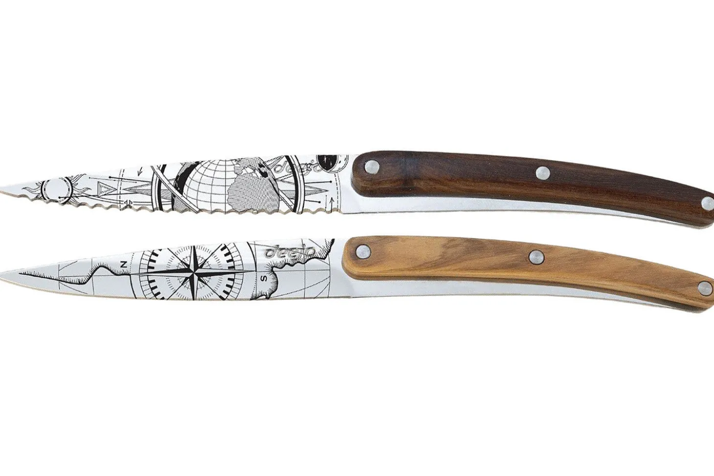 Set de 2 couteaux d'office Deejo Office Globe Trotter et Terra Incognita manche en bois d'olivier et bois corail 9cm
