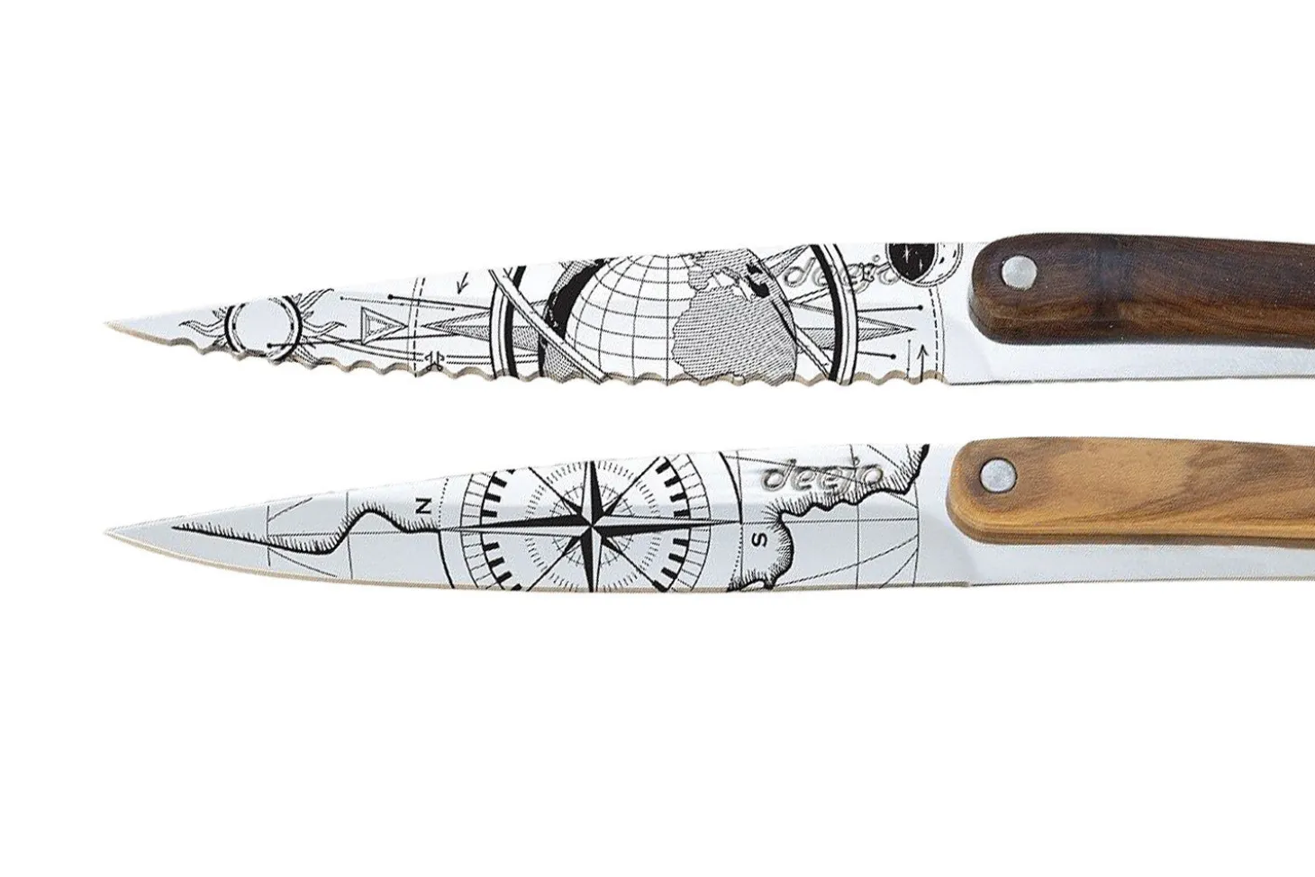 Set de 2 couteaux d'office Deejo Office Globe Trotter et Terra Incognita manche en bois d'olivier et bois corail 9cm