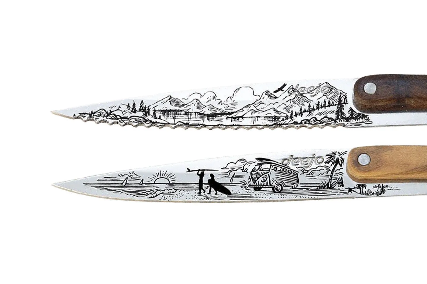 Set de 2 couteaux d'office Deejo Office Van Life et Montagne manche en bois d'olivier et bois corail 9cm