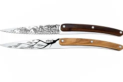 Set de 2 couteaux d'office Deejo Office Arbre et Grand Cru manche en bois d'olivier et bois corail 9cm