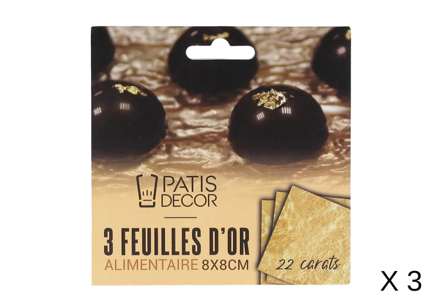 Set de 3 feuilles d'or alimentaire Patisdécor 8x8cm