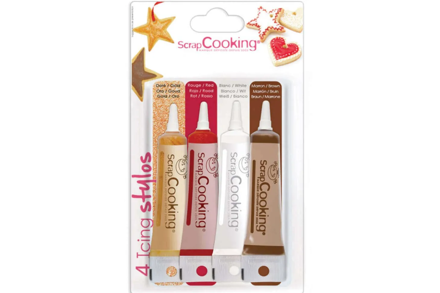 Set 4 icings stylos Scrapcooking - Or, choco, blanc, rouge 4X20g