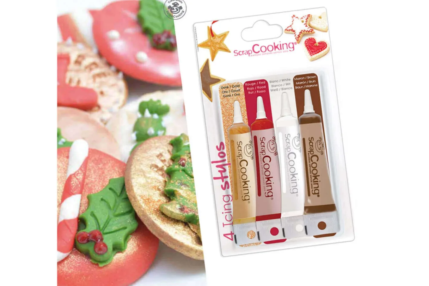 Set 4 icings stylos Scrapcooking - Or, choco, blanc, rouge 4X20g