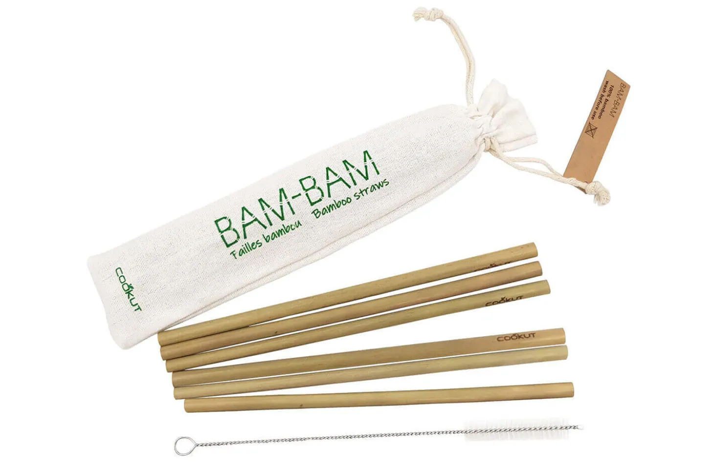 Set 6 pailles en bambou Cookut Bam-Bam + brosse de nettoyage et sac de rangement