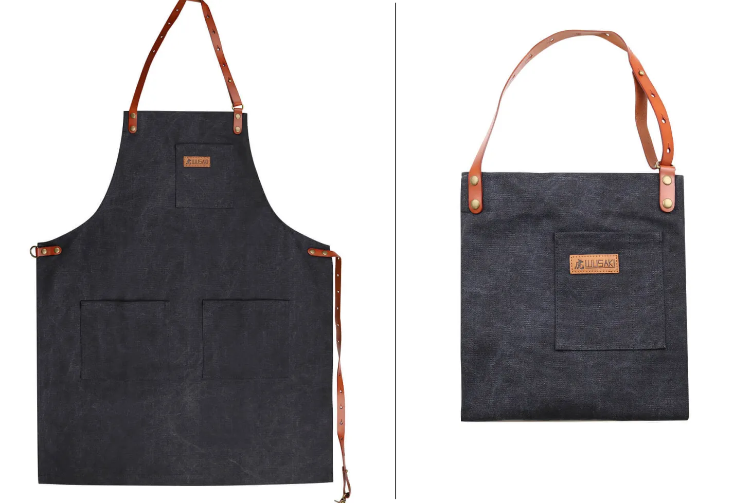 Tablier de cuisine Wusaki en toile noire charbon et cuir 83x67,5cm - Taille unique