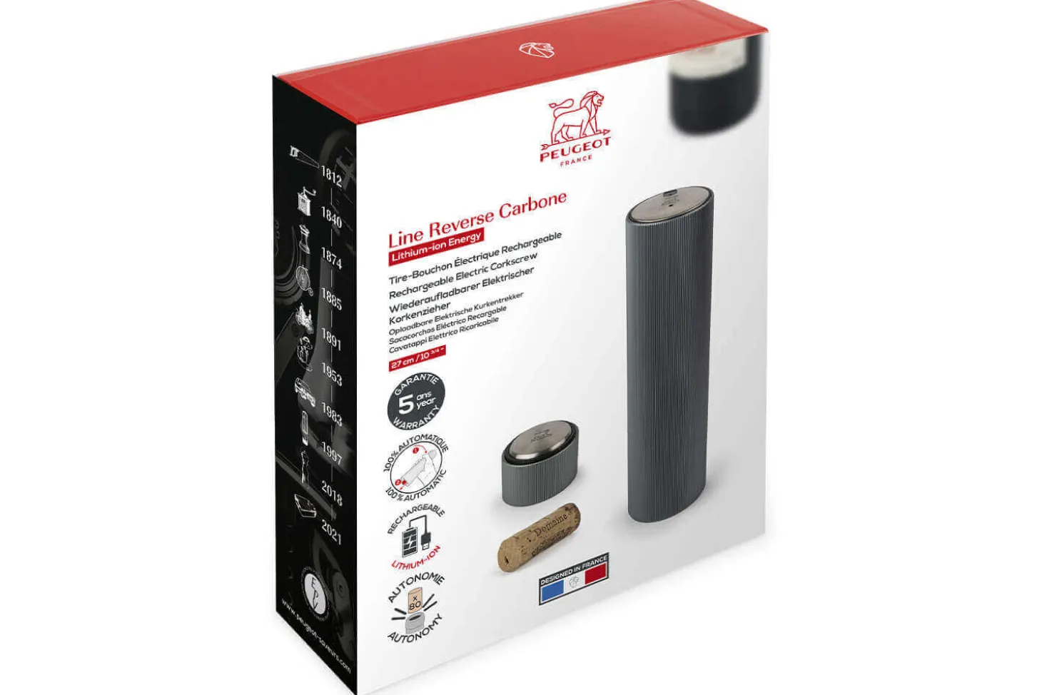 Tire-bouchon électrique rechargeable Peugeot Line Reverse Carbone avec coupe-capsule