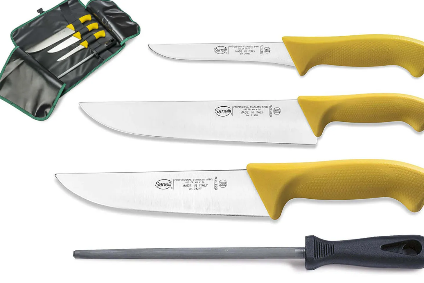 Trousse professionnelle de boucher 3 couteaux + 1 fusil Sanelli Skin
