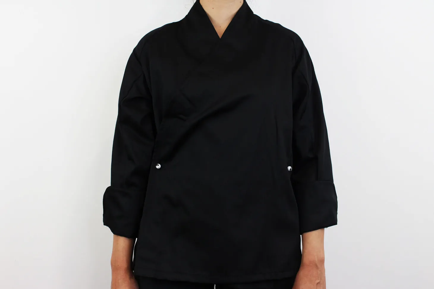 Veste de cuisine unisexe Egochef Sushi noire kimono polyester et coton à manches longues